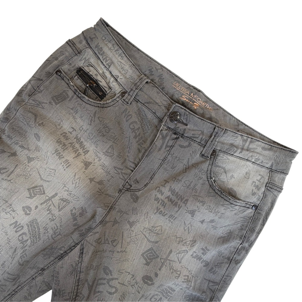 Melissa McCarthy Seven7 Graffiti Print Distressed Grunge Skinny Jeans Grey 16R